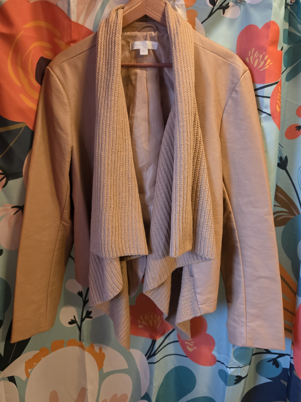 New York & Company Taupe Knit-Trim Draped Jacket